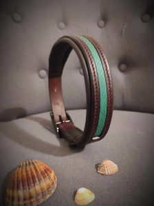 Collier haute de gamme pour chien en cuir pleine fleur tannage végétal, insert en cuir de saumon vert.