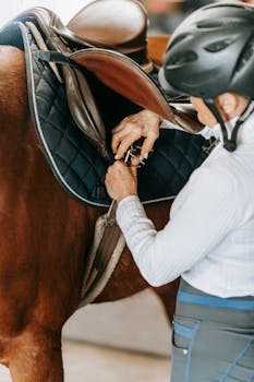 A woman fastening a saddle on a horse, readying for horseback riding outdoors.