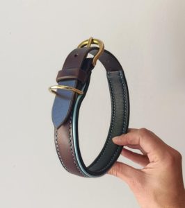 Collier pour chien en cuir marron et jonc bleu ciel